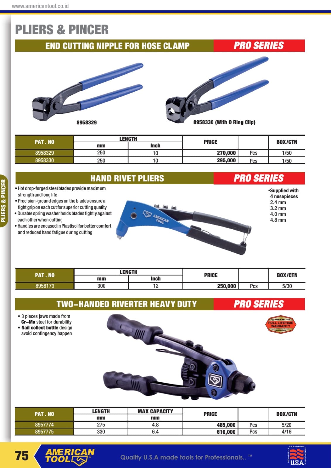 AMERICANTOOLS COMBINATION PLIER, DIAGONAL CUTTER, LOCKING PLIER , CARPENTER, AVIANTION SNIP AND HAND RIVETED - Gambar 2
