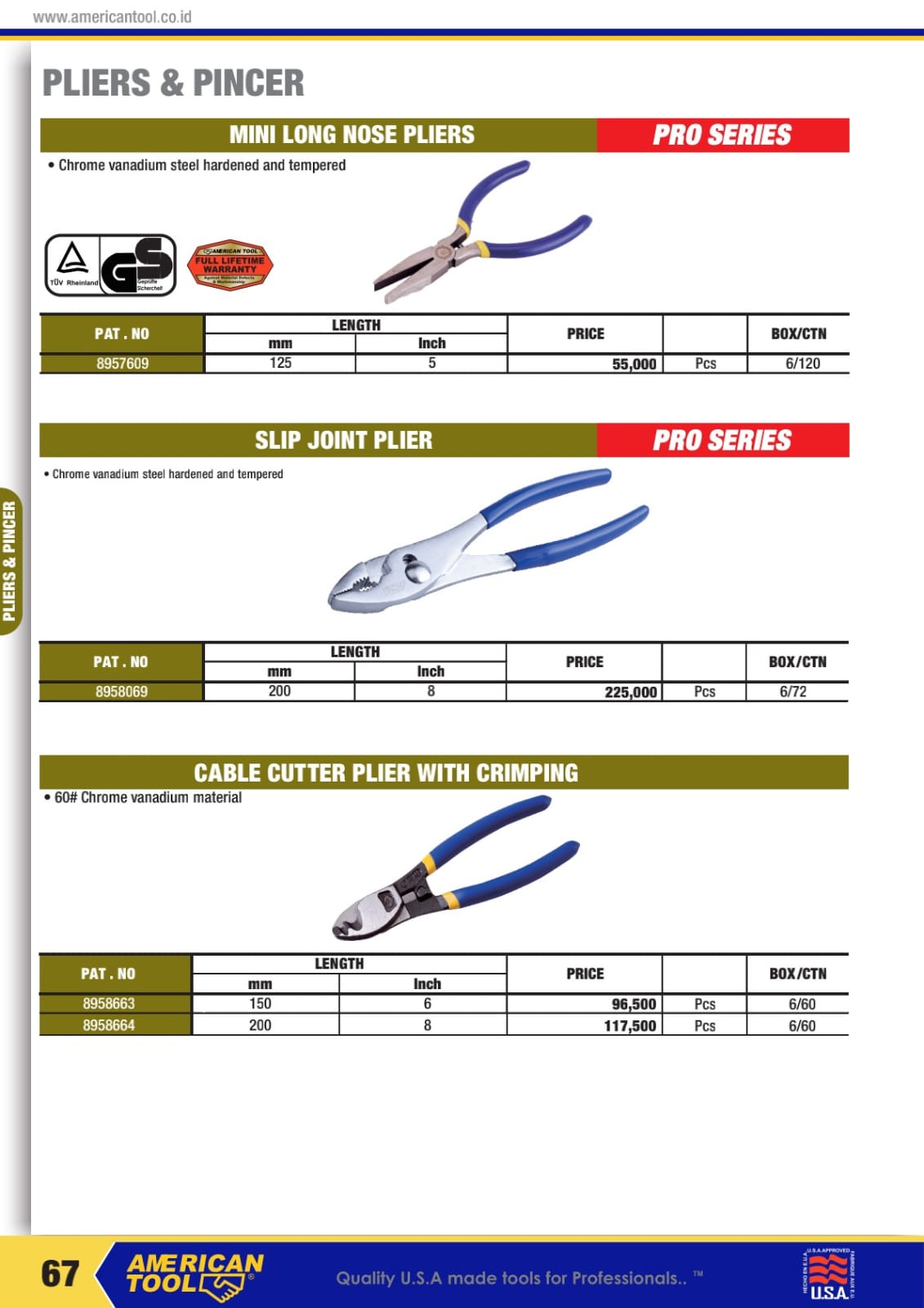 AMERICANTOOLS COMBINATION PLIER, DIAGONAL CUTTER, LOCKING PLIER , CARPENTER, AVIANTION SNIP AND HAND RIVETED - Gambar 8